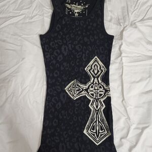 Rock & Roll Cowgirl Black Leopard Tank Top with White Cross